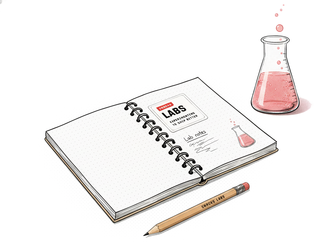 An illustrated open lab notebook labeled Snacks Labs with handwritten lab notes, a pencil resting in front of it, and a small flask of pink liquid beside it