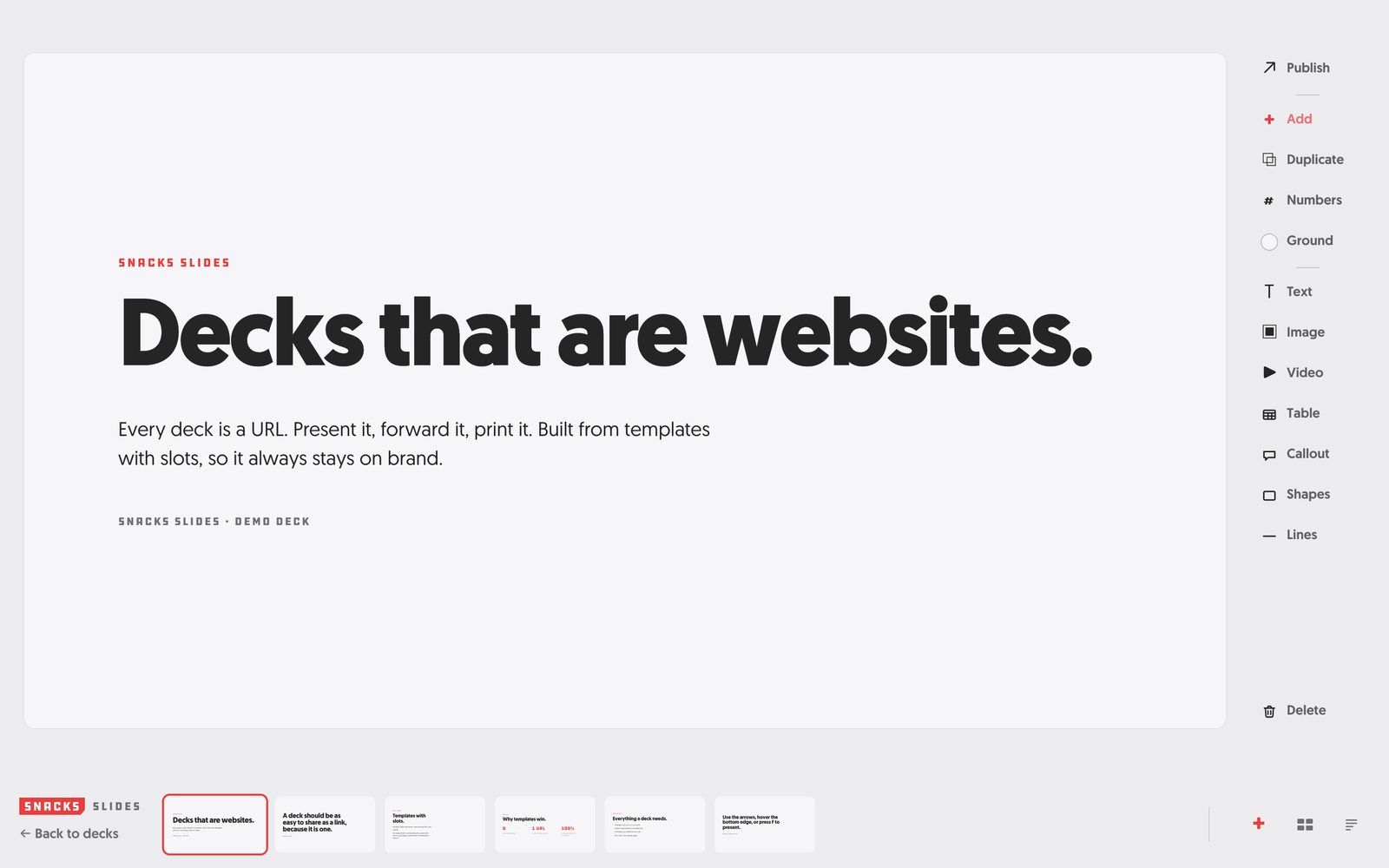The Snacks Slides editor: the demo deck's first slide, Decks that are websites, with the tool rail on the right and the filmstrip along the bottom