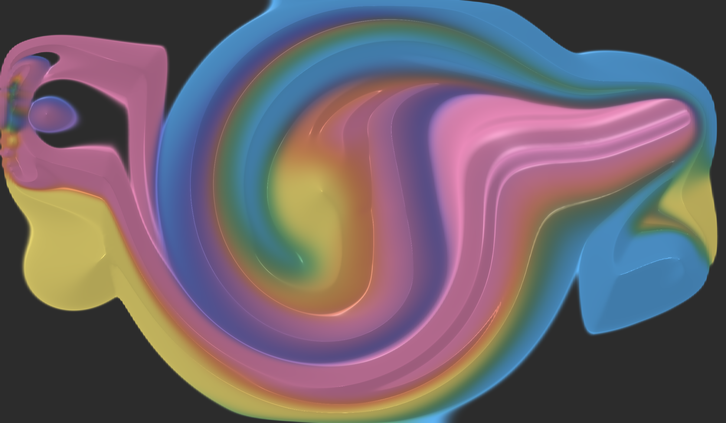 A close-up of swirled paint in pink, blue, and yellow, mid-mix