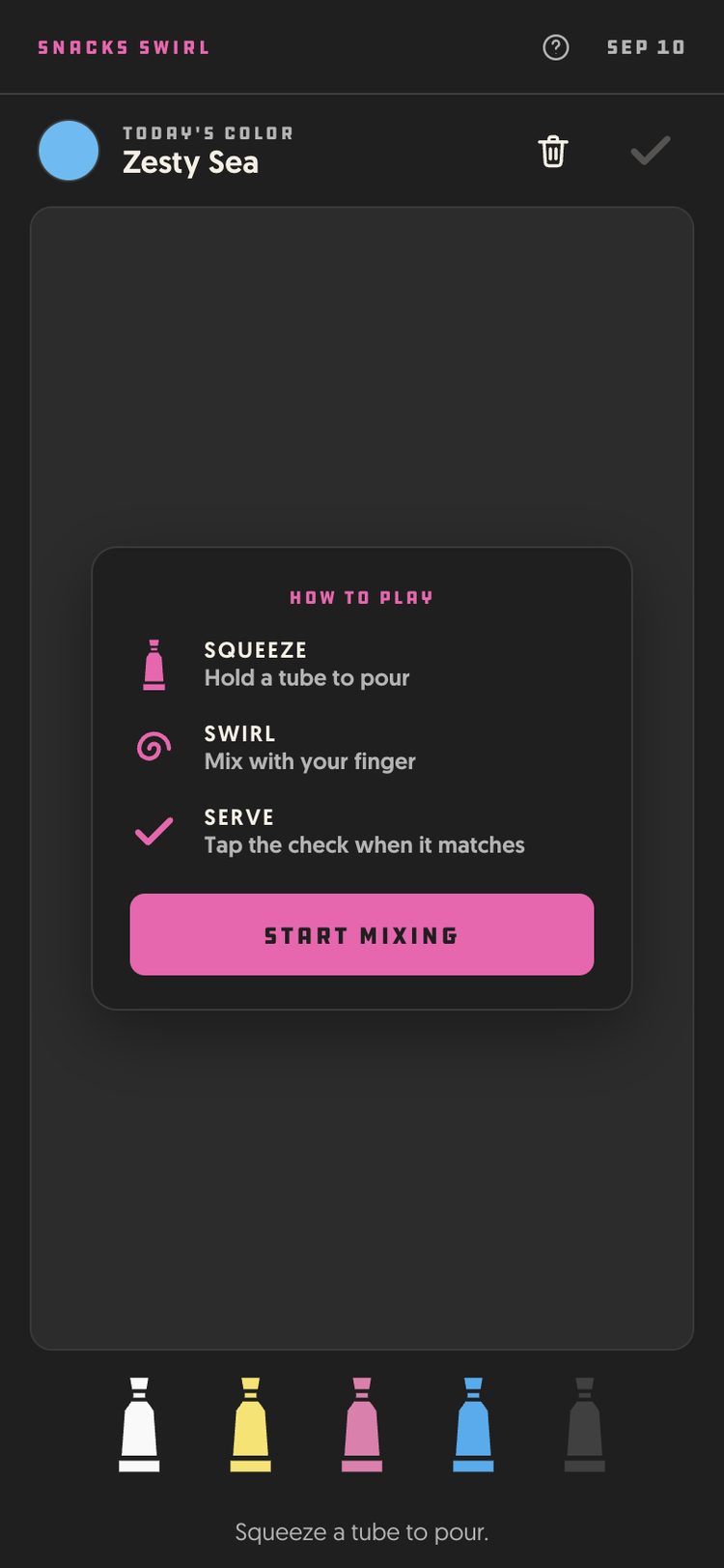 Snacks Swirl on a phone: today's color Zesty Sea, a how-to-play card, and five paint tubes along the bottom