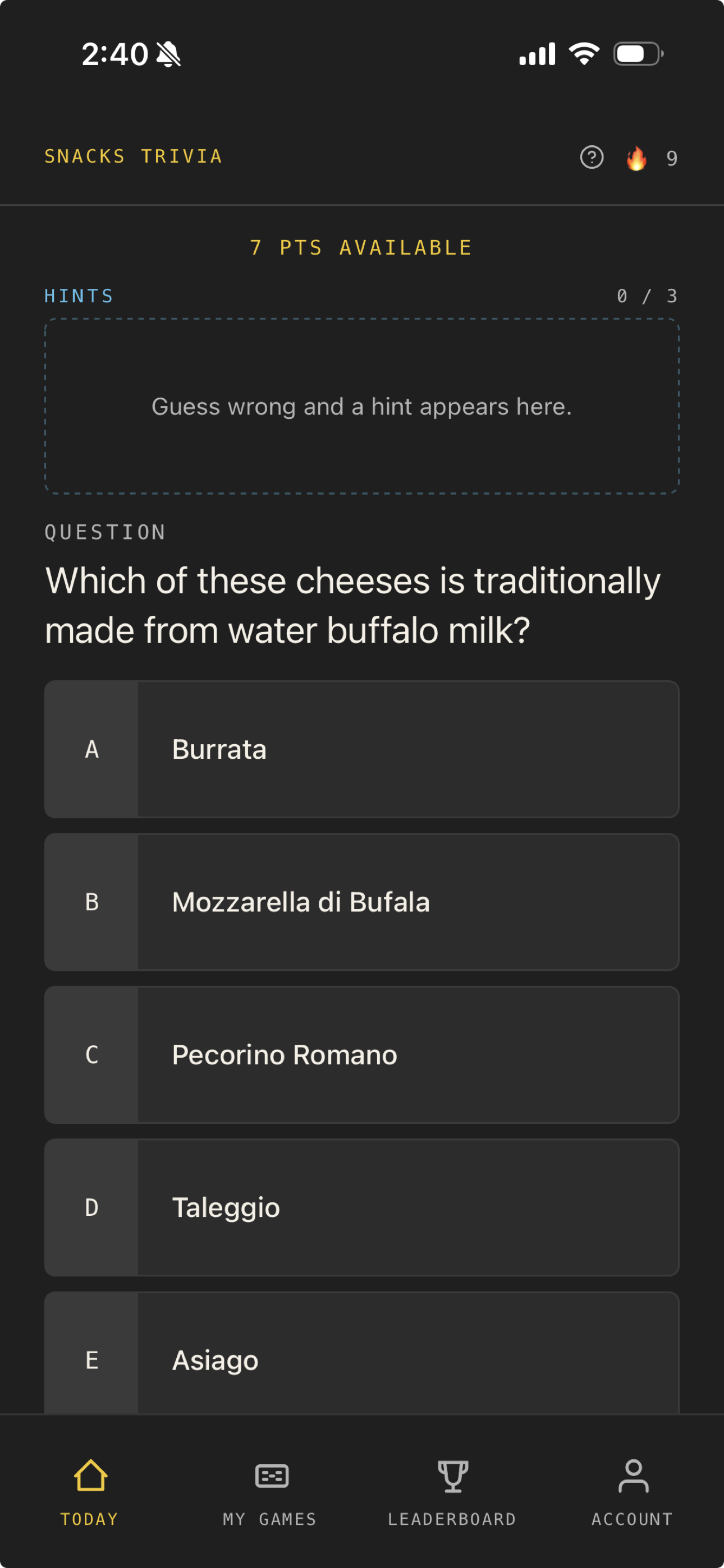 The daily question screen with eight options and progressive hints