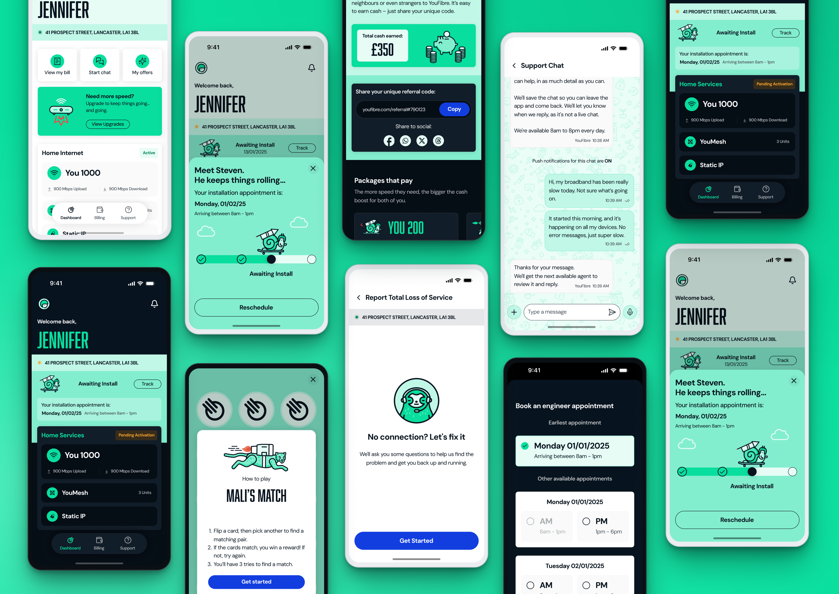 A masonry of redesigned YouFibre mobile-app screens — dashboard, install tracker, support chat, referrals, in-app game, and total-loss-of-service flow.